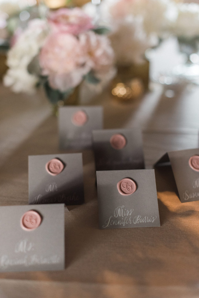 gray and blush place cards