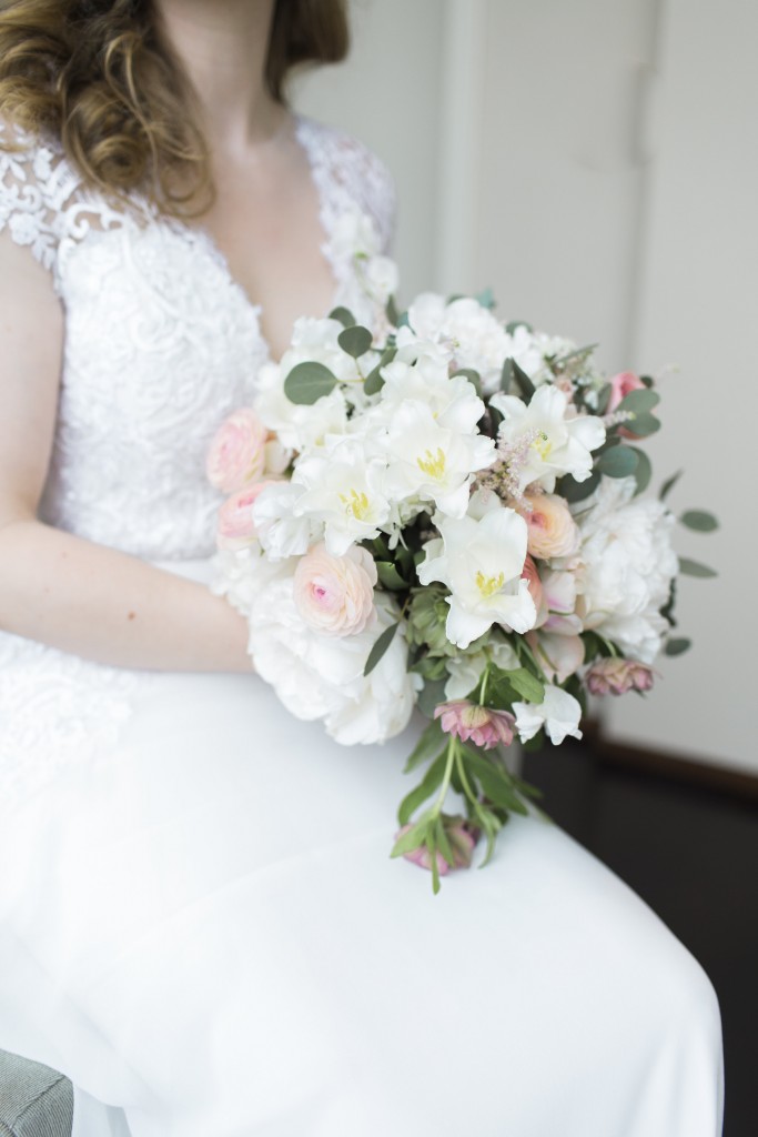 Blush and white bridal bouquet with Eucalyptus